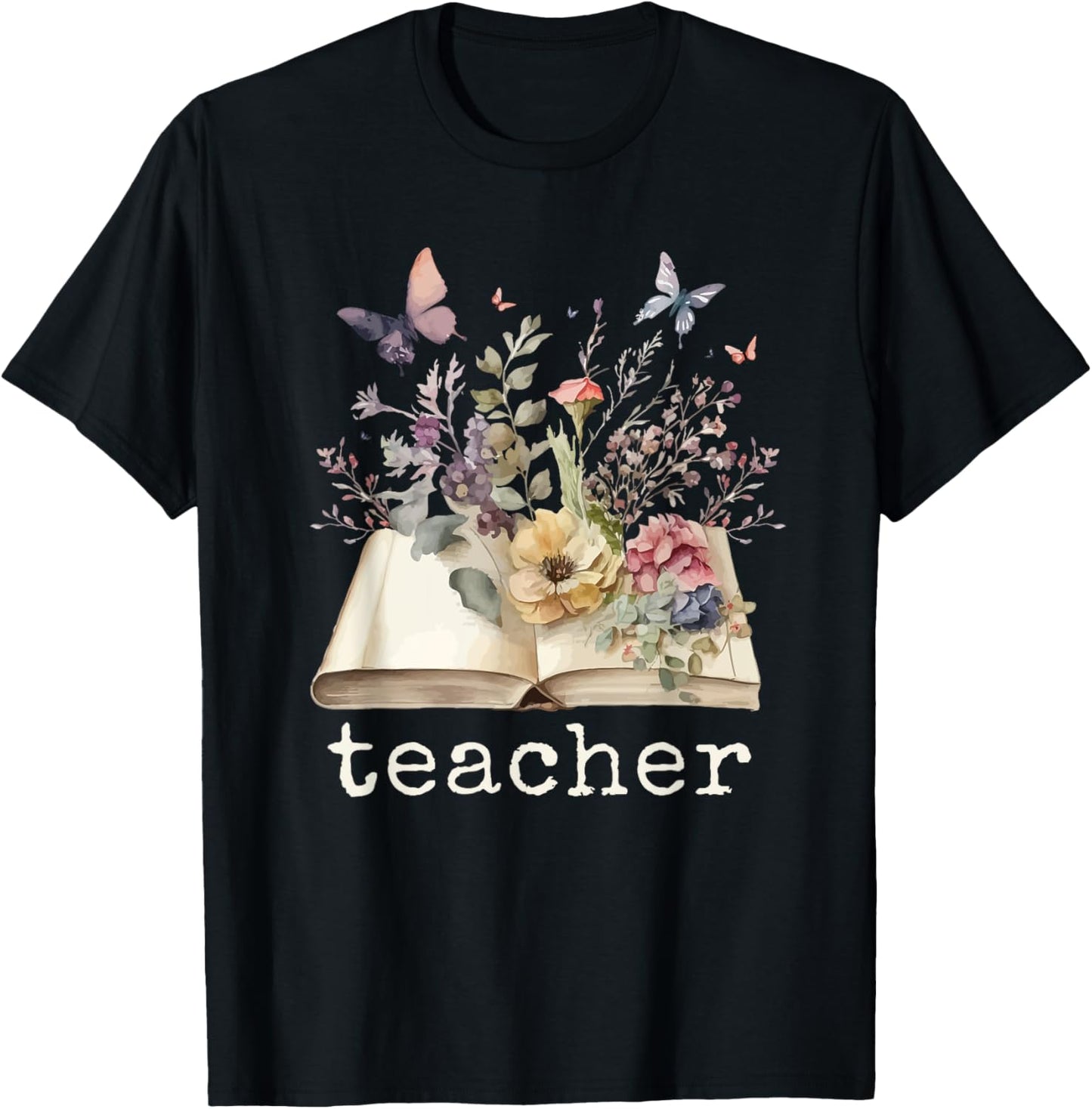 Beautiful Floral Open Book Teacher Men Women T-Shirt - T-Shirt | Black