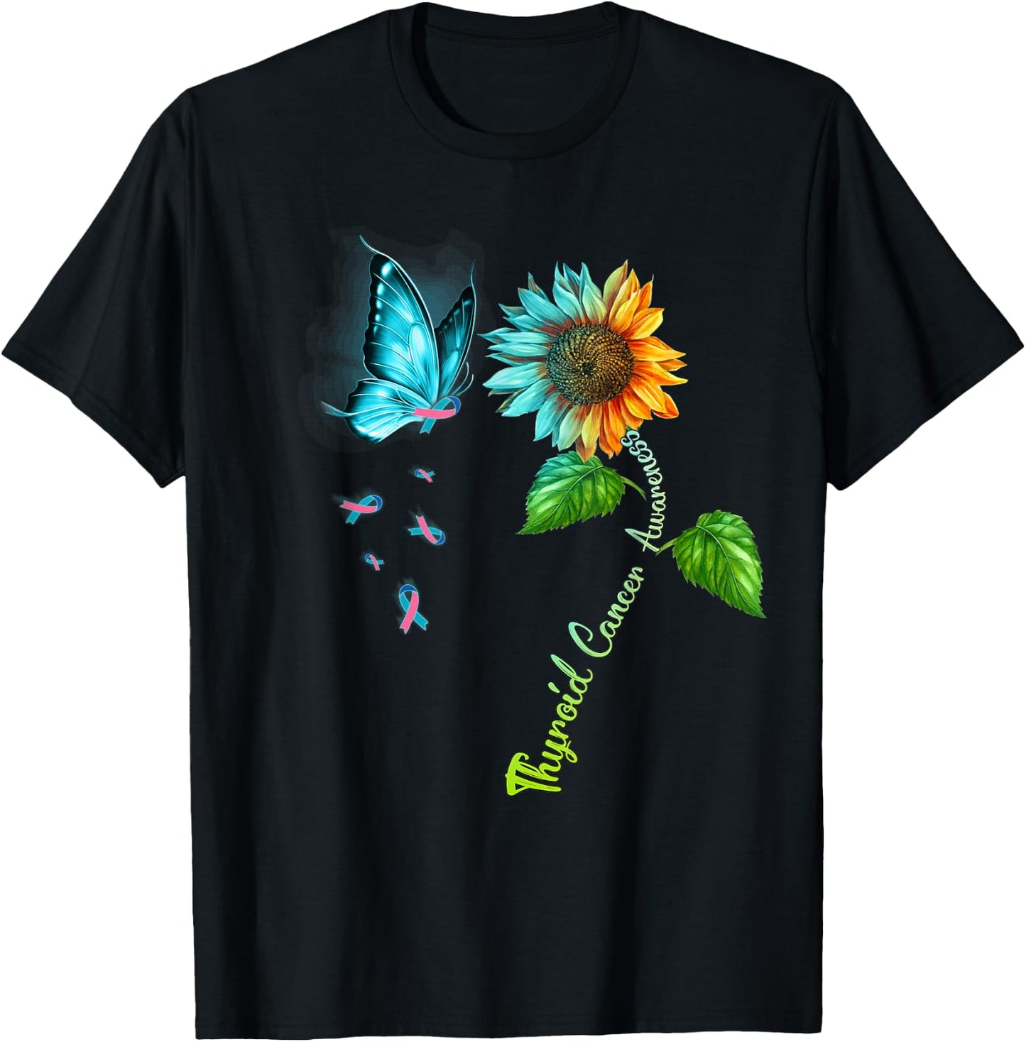Butterfly Sunflower Thyroid Cancer Awareness T-Shirt - T-Shirt | Black