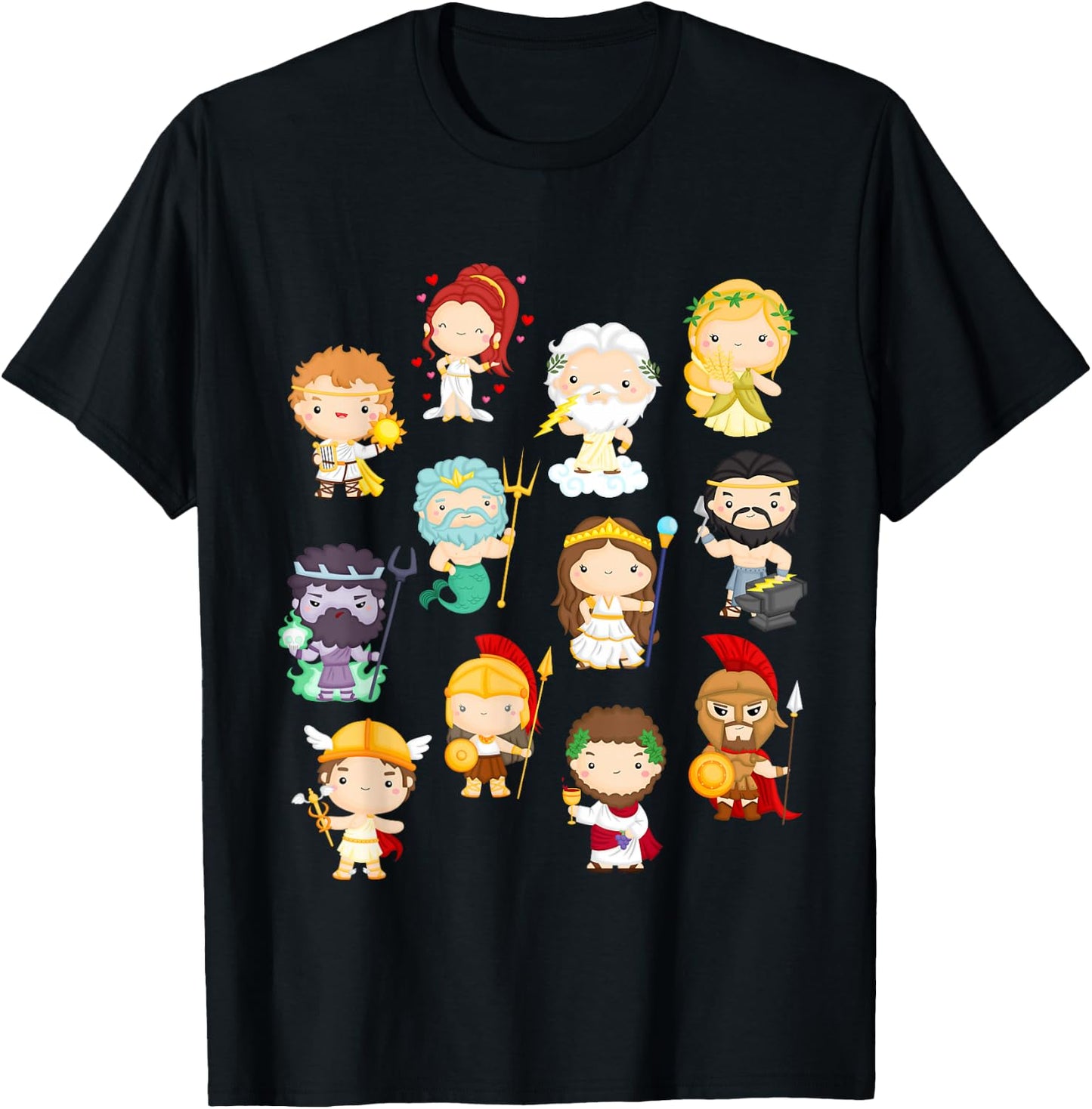 Legendary Cartoon Greek Gods & Goddesses: Kids and Adults T-Shirt - T-Shirt | Black