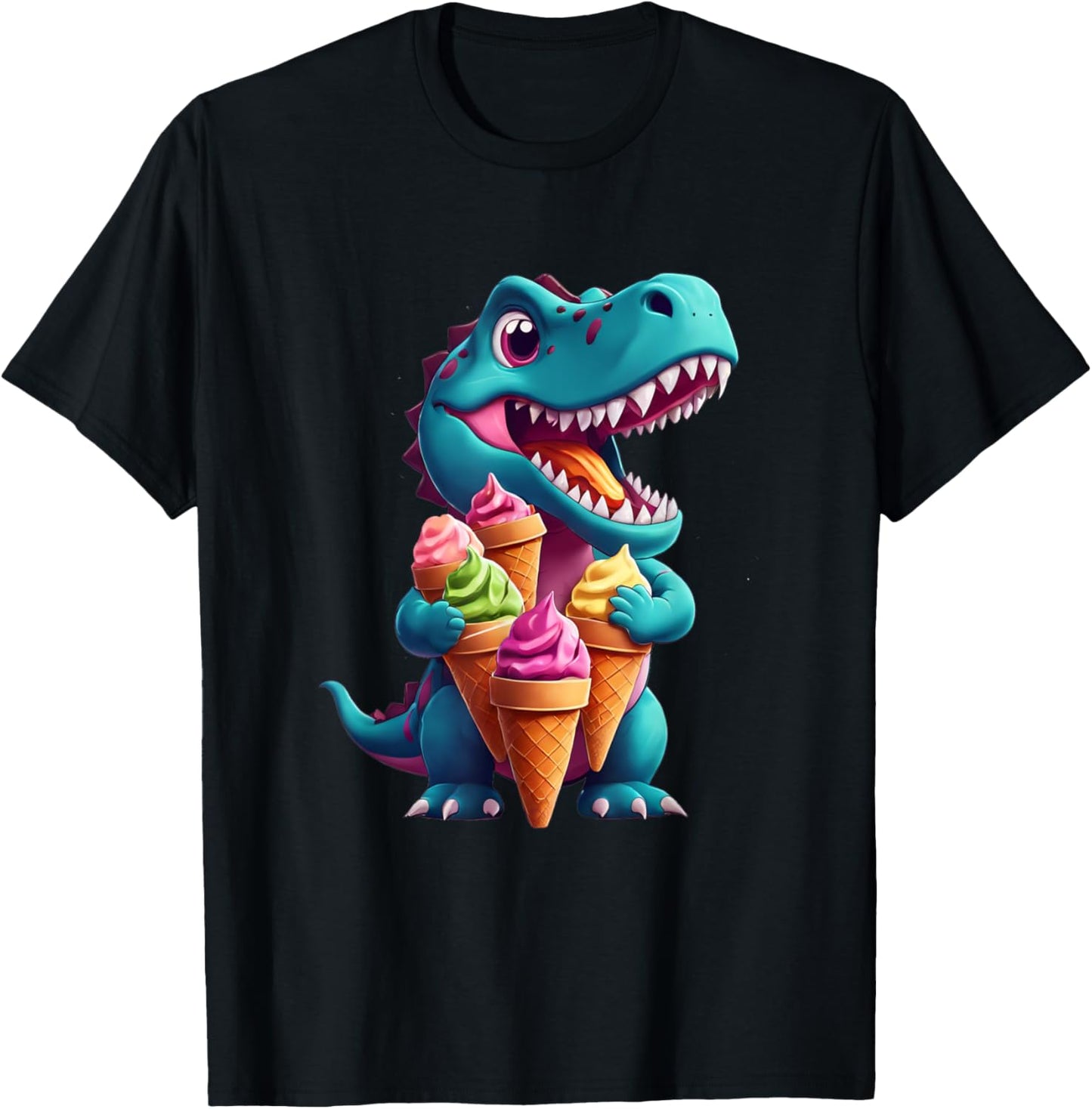T-Rex Dinosaur Eating Ice Cream Cone Party Men Women Kids T-Shirt - T-Shirt | Black