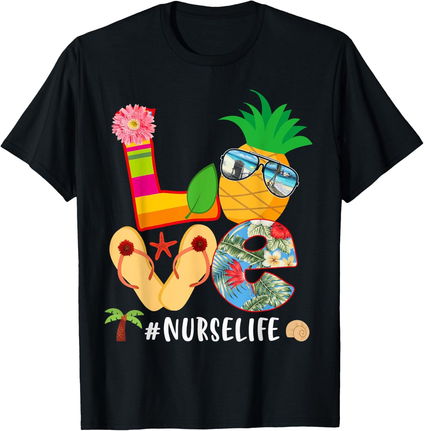 Love Summer Pineapple Tropical Flower Flip Flop Nurse Life T-Shirt - T-Shirt | Black