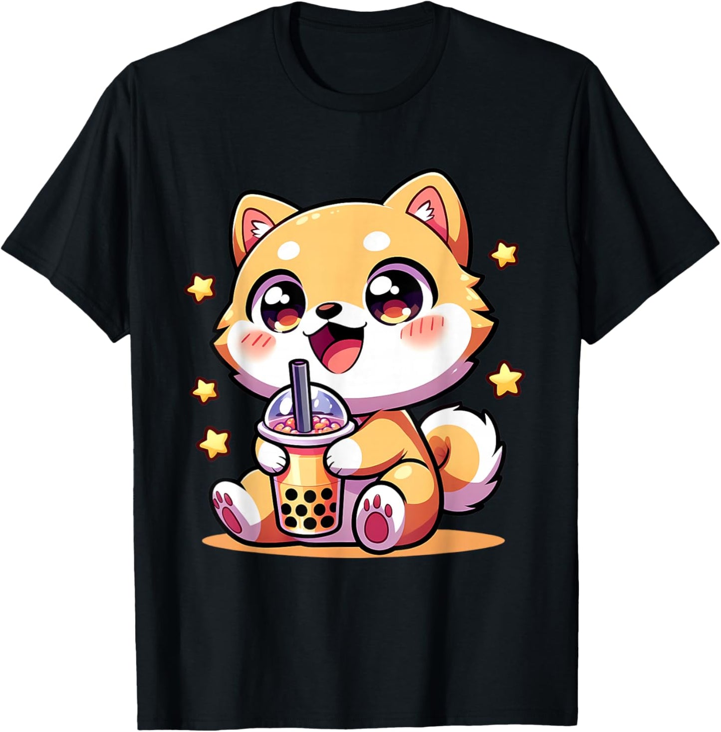 Kawaii Shiba Inu Dog Bubble Tea Anime Chibi T-Shirt - T-Shirt | Black