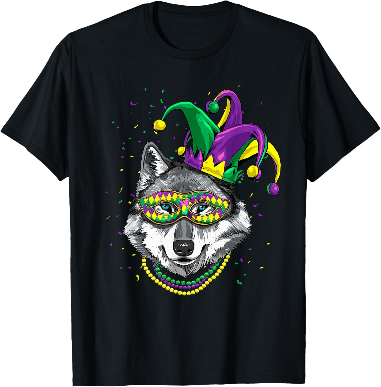 Wolf Animal Lover Cute Mardi Gras Carnival Jester T-Shirt - T-Shirt | Black