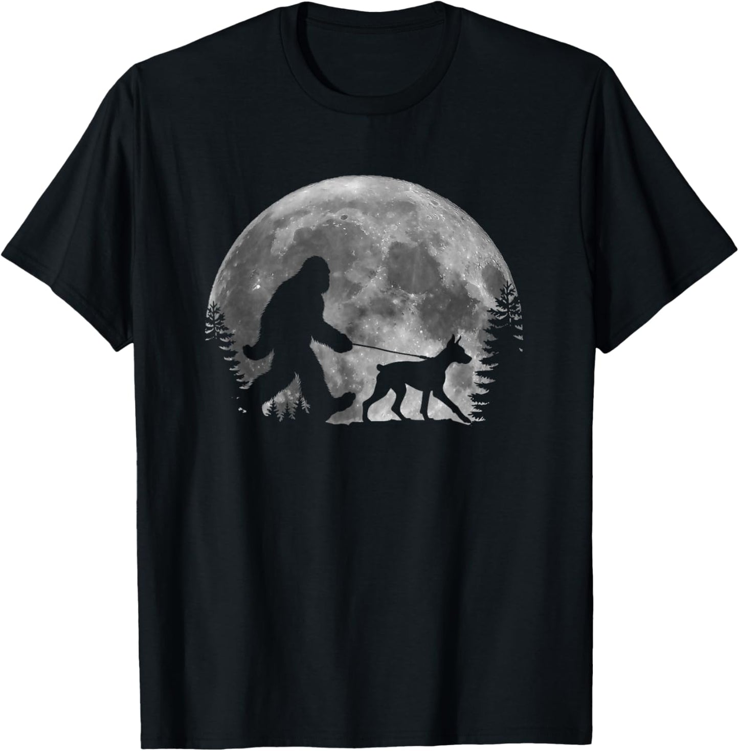 Bigfoot Walking a Dog Funny Doberman Pinscher Moon Halloween T-Shirt - T-Shirt | Black
