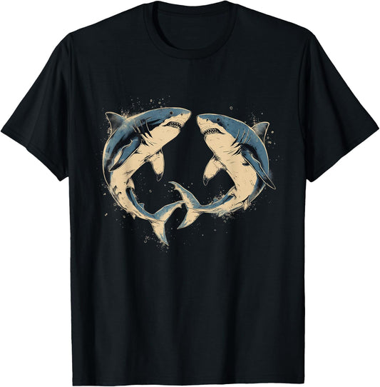 Vintage Shark Silhouette Hammerhead Shark Tiger Shark Heart T-Shirt - T-Shirt | Black
