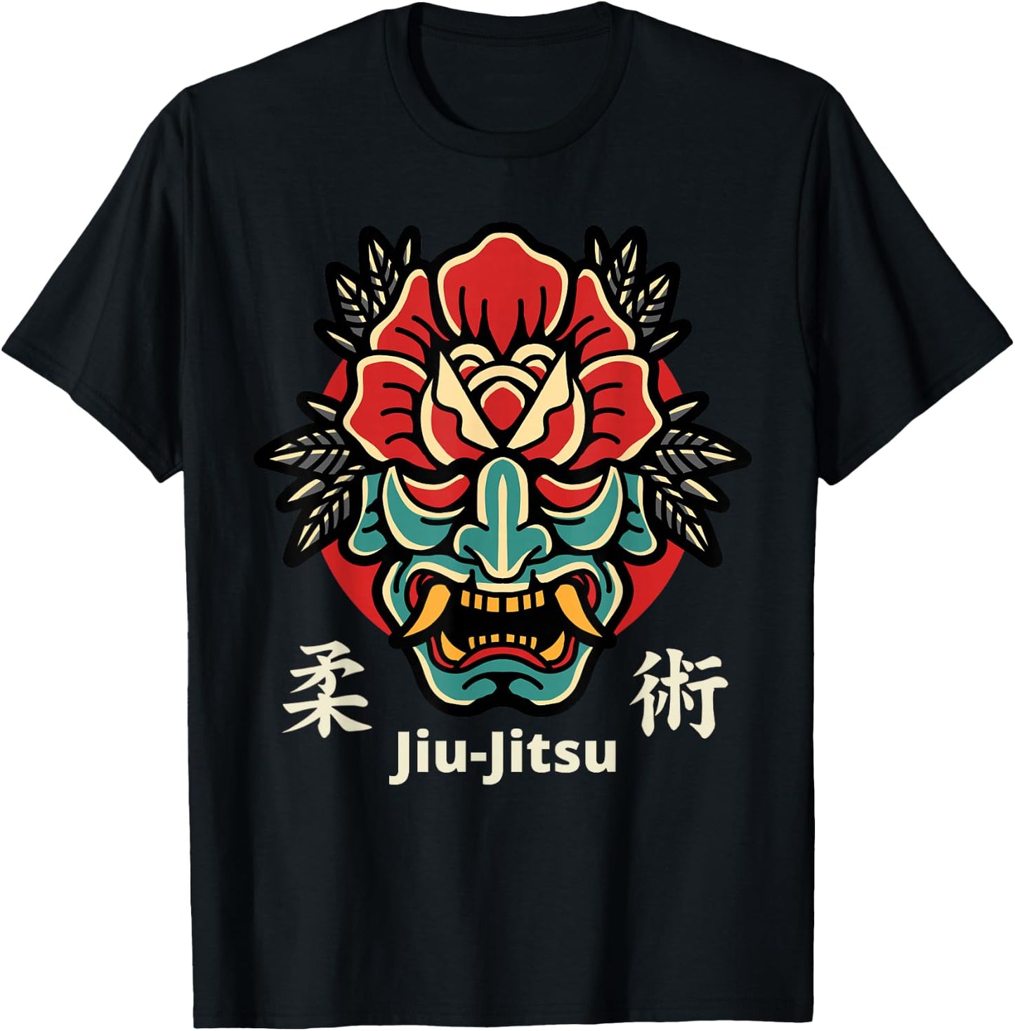 Japanese Demon Oni Mask, Kabuki Jiu-Jitsu Kanji T-Shirt - T-Shirt | Black
