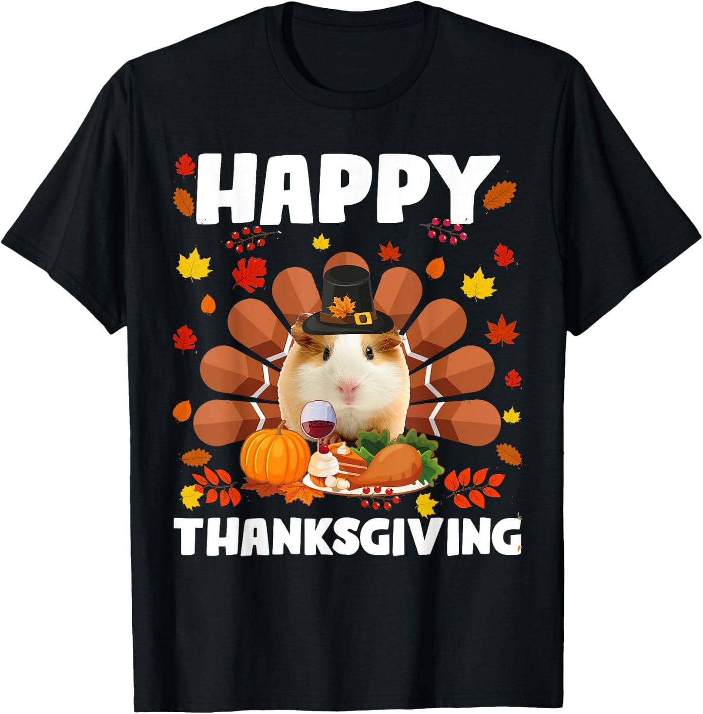 Happy Thanksgiving Funny Guinea Pig Turkey Autumn Guinea Pig T-Shirt - T-Shirt | Black