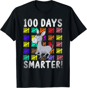 100 Days Smarter Cute Animal Donkey 100 Days Of School T-Shirt - T-Shirt | Black