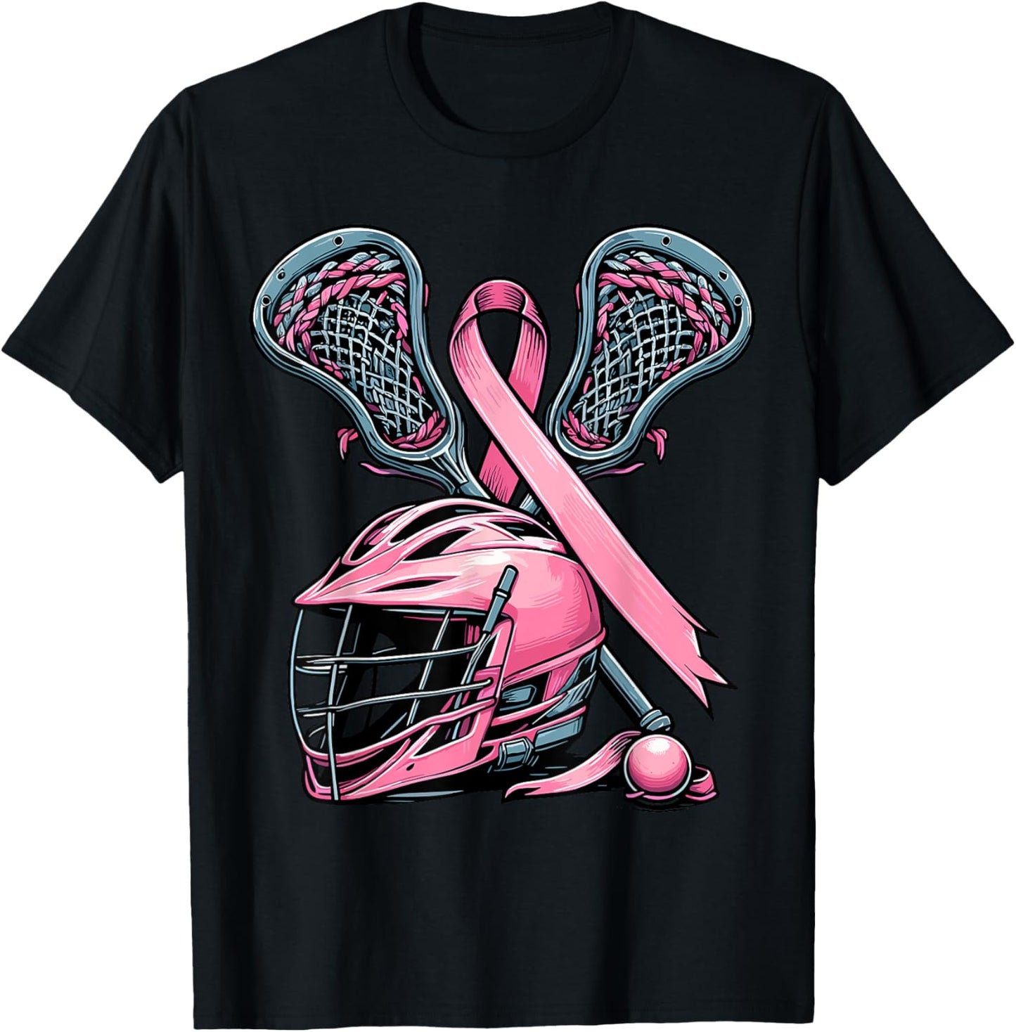 Lacrosse Pink Ribbon Breast Cancer Awareness Sport Lover T-Shirt - T-Shirt | Black