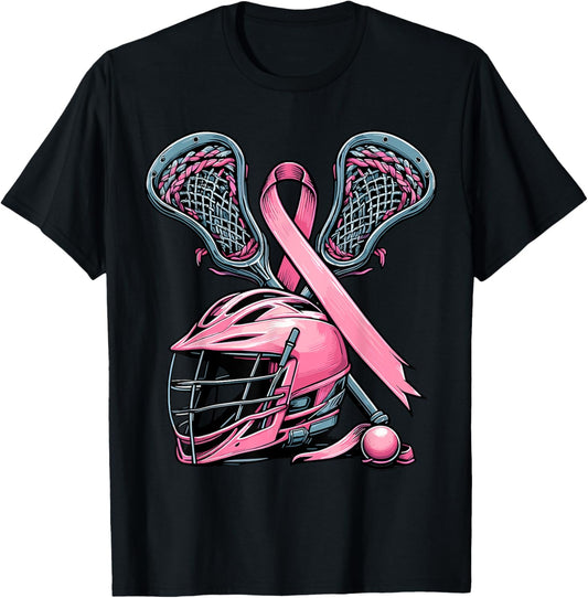 Lacrosse Pink Ribbon Breast Cancer Awareness Sport Lover T-Shirt - T-Shirt | Black