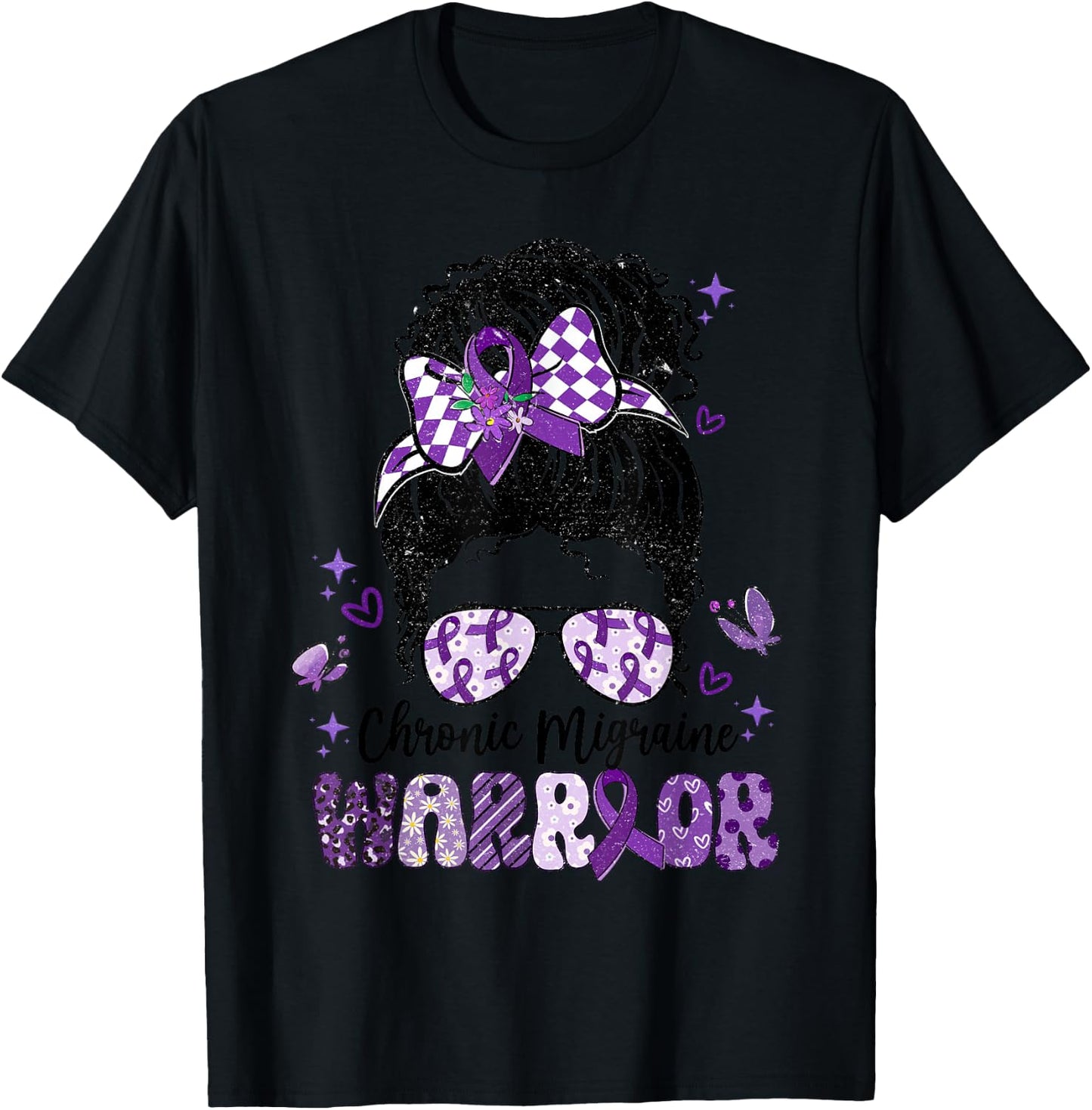 Warrior Messy Bun Red Purple Ribbon Chronic Migraine T-Shirt - T-Shirt | Black