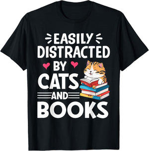 Easily Distracted by Cats and Books Cute Cat And Book Lovers T-Shirt - T-Shirt | Black