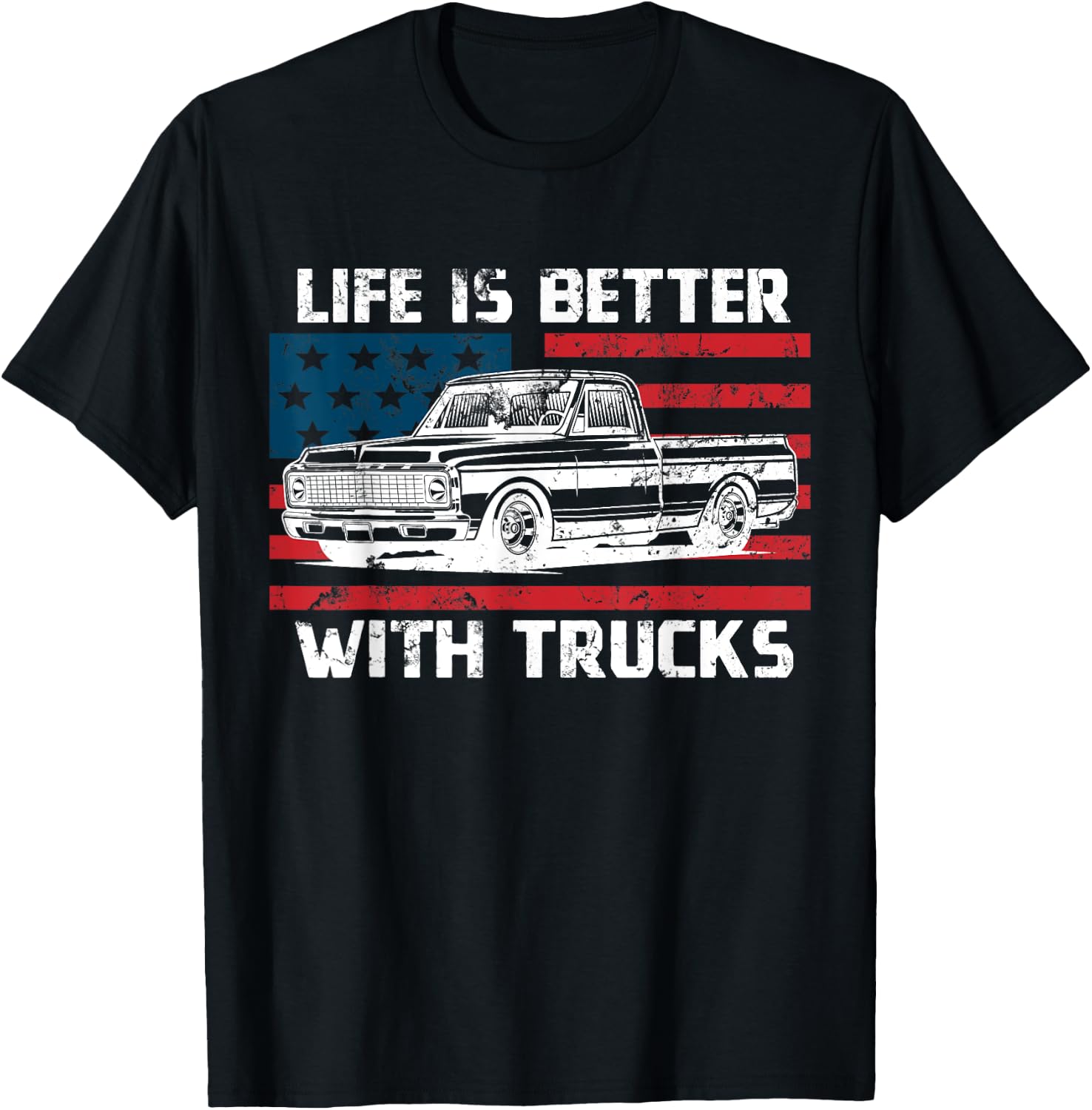 Vintage Life Is Better With Trucks USA Flag Truck Shirts Women Men T-Shirt - T-Shirt | Black