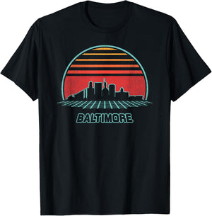 Baltimore City Skyline Retro 80s Style Souvenir Gift T-Shirt - T-Shirt | Black