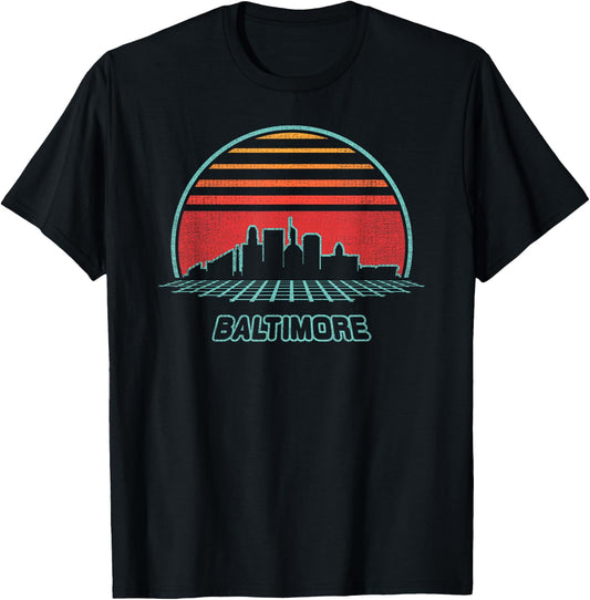 Baltimore City Skyline Retro 80s Style Souvenir Gift T-Shirt - T-Shirt | Black