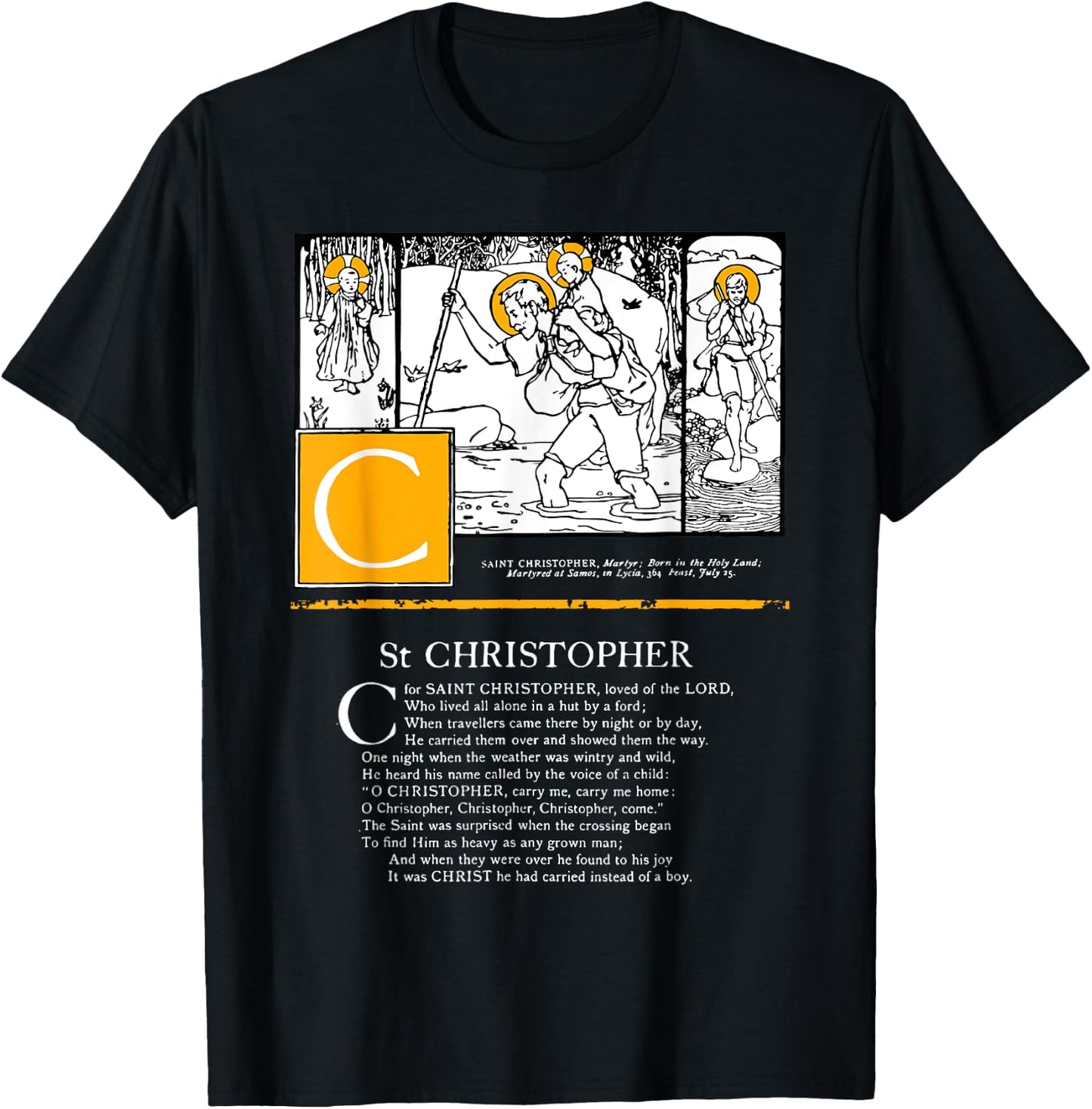 Saint Christopher Protect Us Safety Saint Alphabet Catholic T-Shirt - T-Shirt | Black
