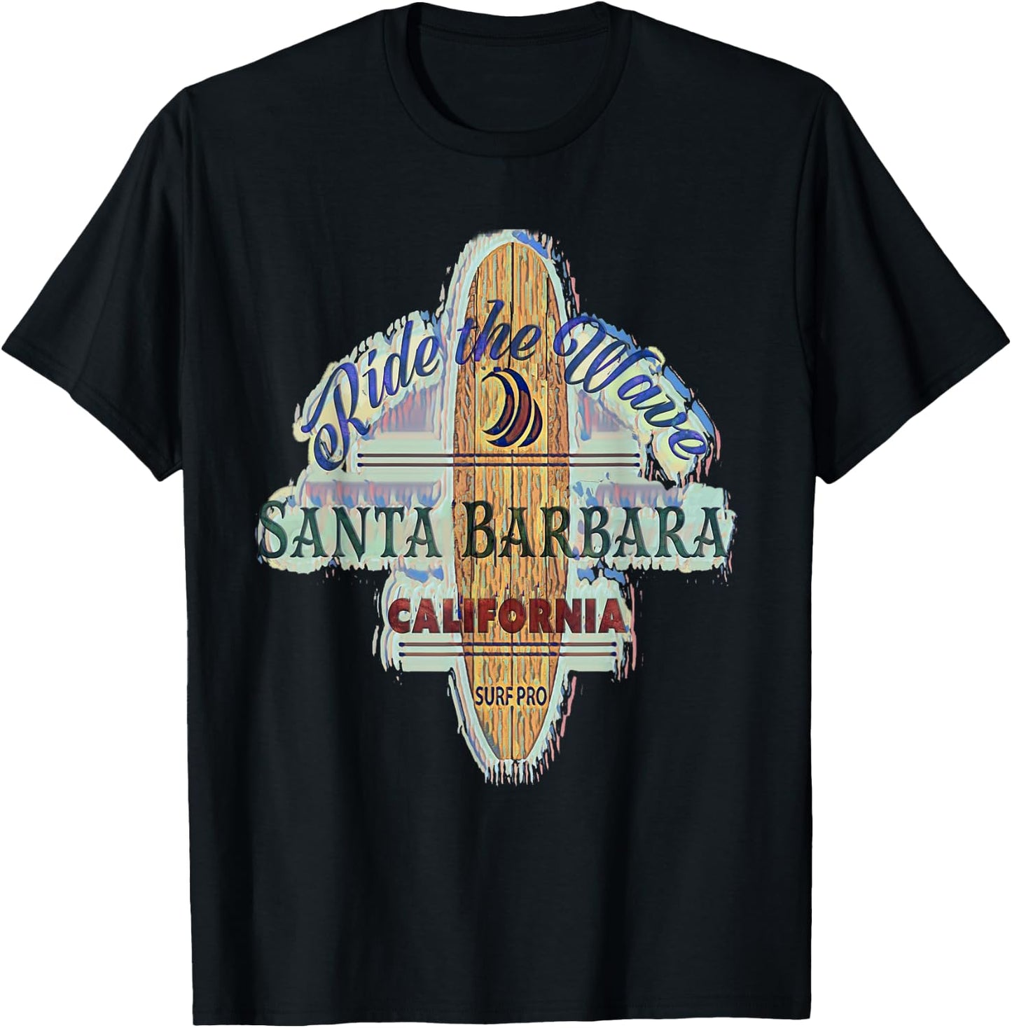 Santa Barbara Surfing Distressed Vintage Retro Surfboard T-Shirt - T-Shirt | Black