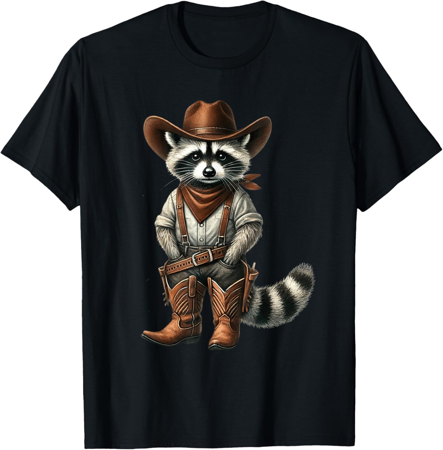 Vintage Raccoon Cowboy Funny Trash Cat Panda Western Country T-Shirt - T-Shirt | Black