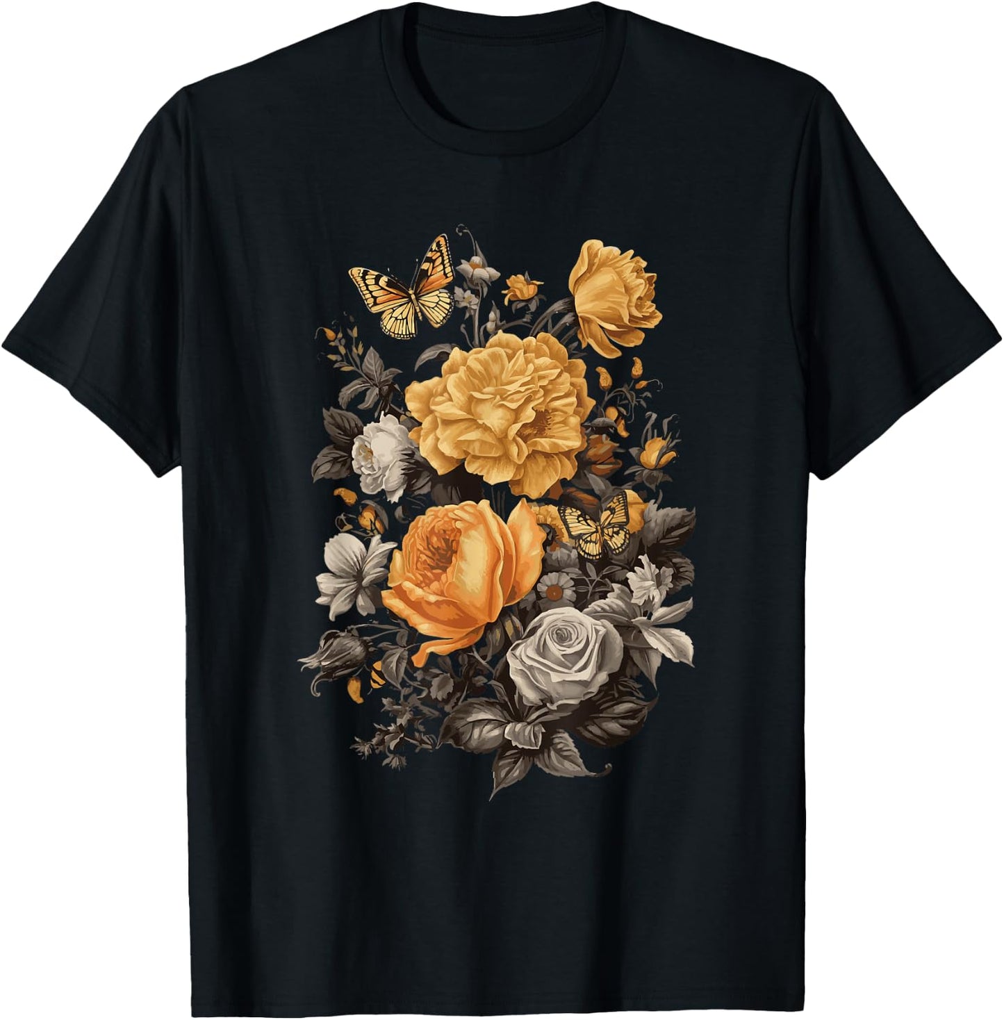 Vintage Flowers Floral Pressed Flower T-Shirt - T-Shirt | Black