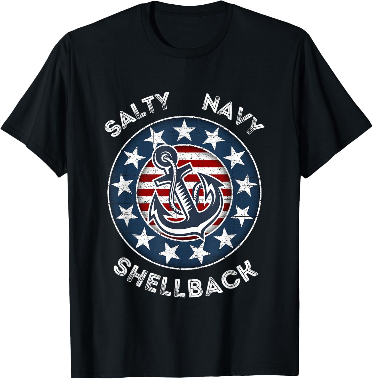 Navy Salty Shellback American Flag and Anchor T-Shirt - T-Shirt | Black