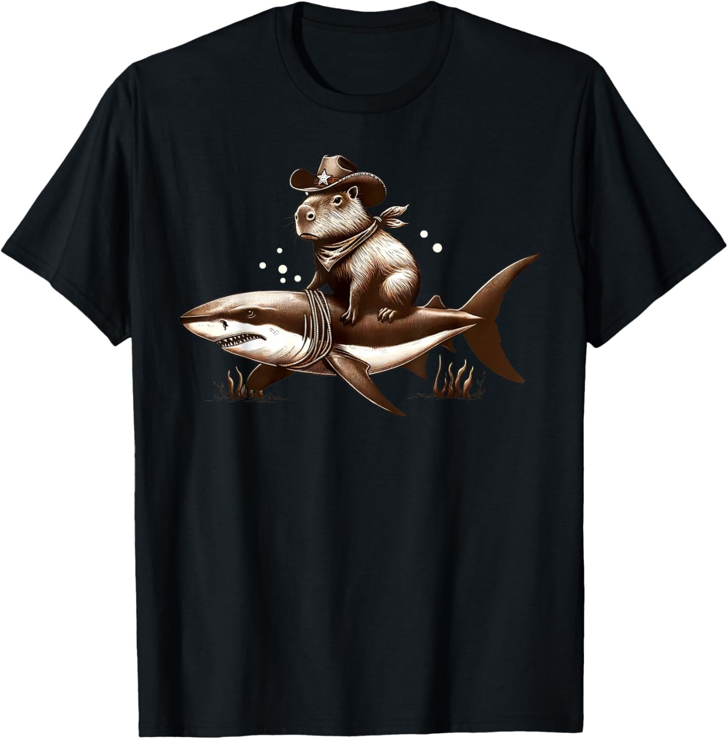 Cowboy Capybara Riding Shark Funny Retro Western Animal T-Shirt - T-Shirt | Black