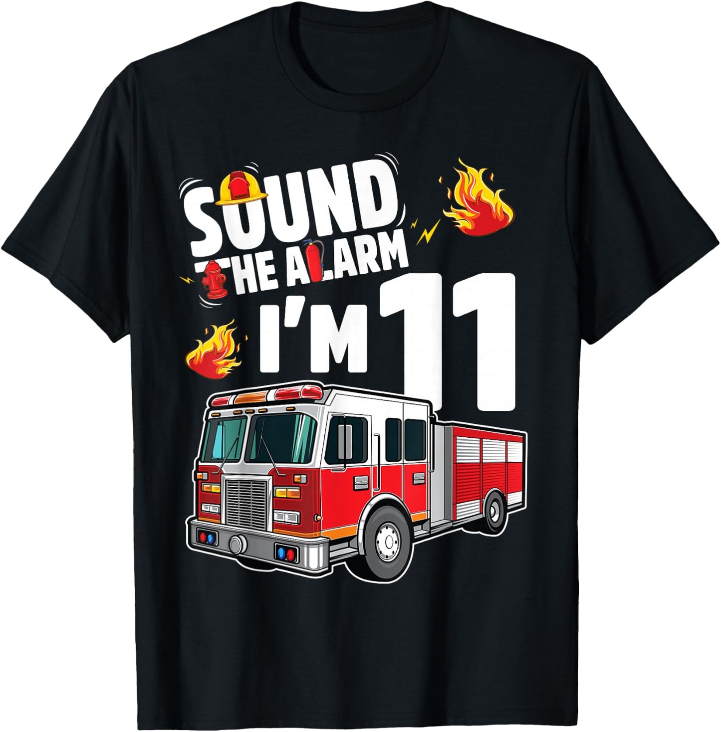 Fire Truck 11th Birthday Boy Firefighter 11 Year Old T-Shirt - T-Shirt | Black