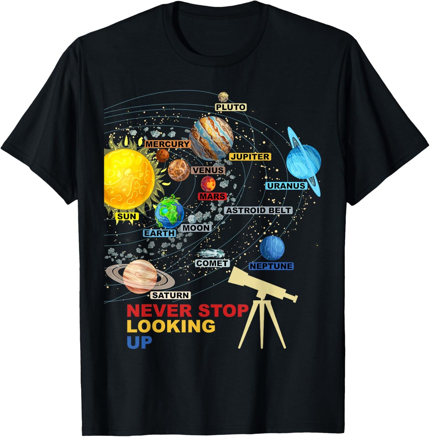 Solar System Planets - Never Stop Looking Up - Astronomy T-Shirt - T-Shirt | Black