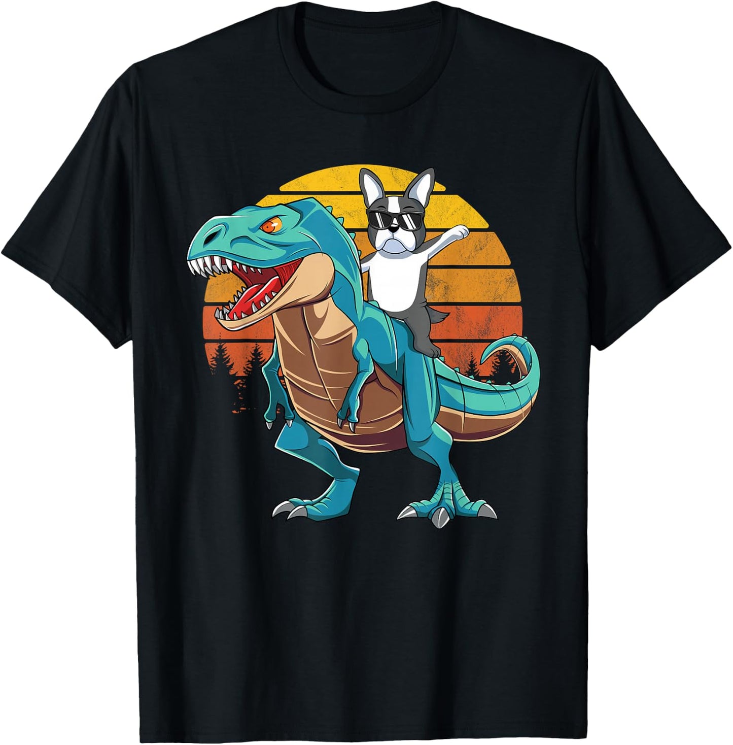 Boston Terrier Dog Riding Dinosaur T Rex Boys T-Shirt - T-Shirt | Black