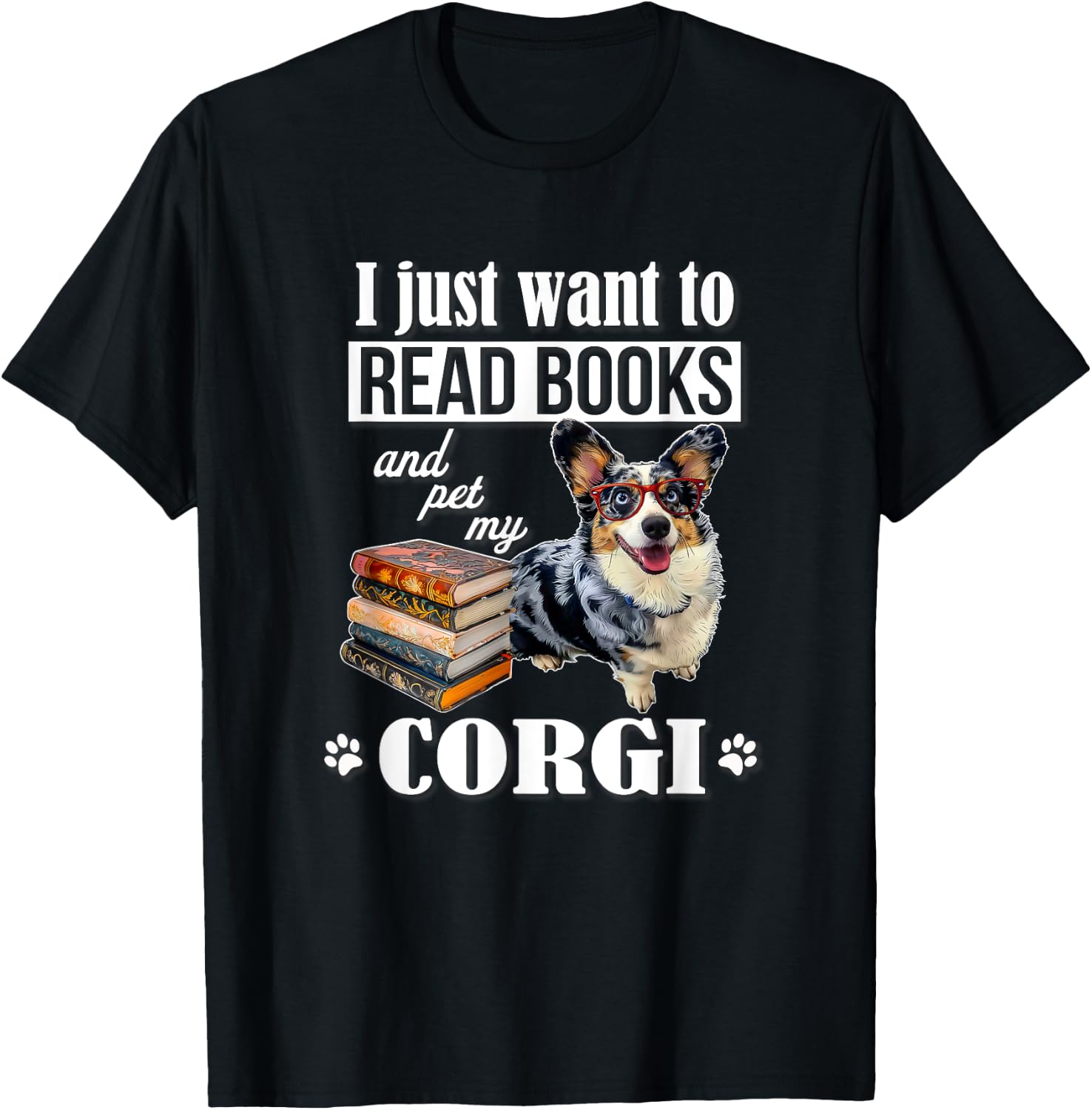 Funny Read Books Cardigan Blue Merle Corgi Lover T-Shirt - T-Shirt | Black