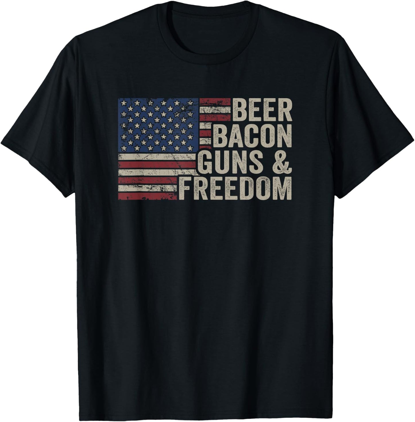 Beer Bacon Guns & Freedom - BBQ Vintage USA Flag Drinking T-Shirt - T-Shirt | Black