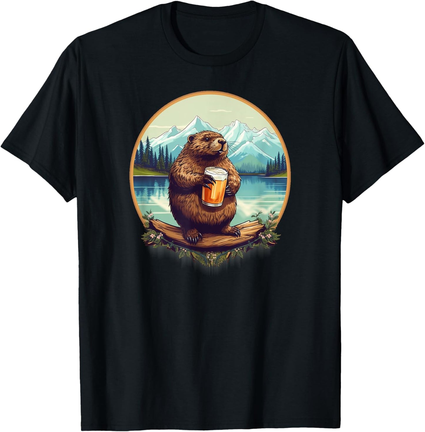 Beer Drinking Beaver in the Mountain Outdoors T-Shirt - T-Shirt | Black