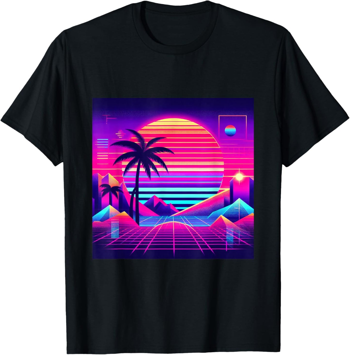 Synthwave Retro Vaporwave Tropical Palm Sunset TV Glitch T-Shirt - T-Shirt | Black