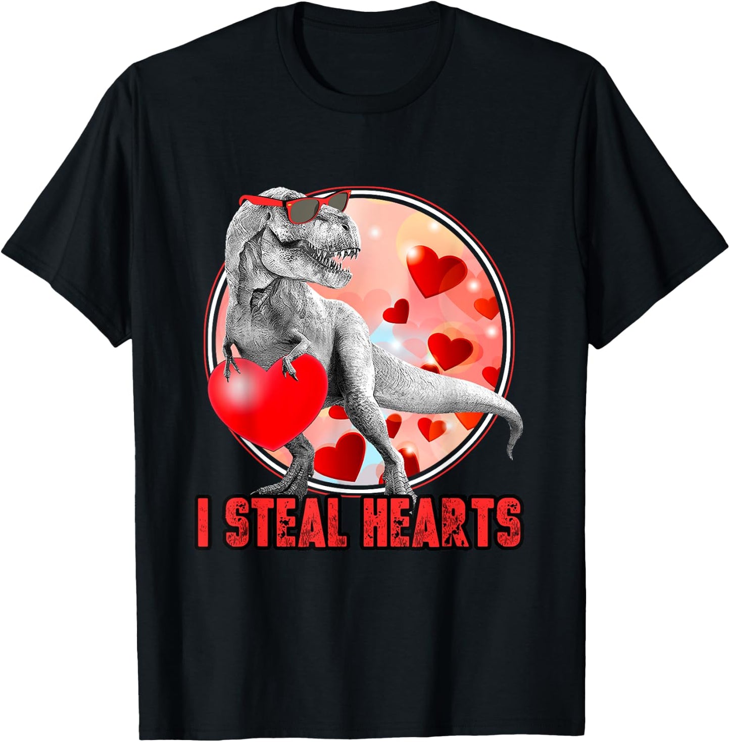 Valentines Day Dinosaur T Rex I Steal Hearts Funny T-Shirt - T-Shirt | Black