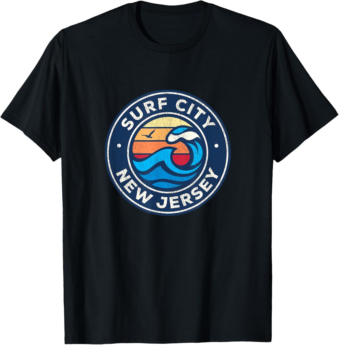 Surf City New Jersey NJ Vintage Nautical Waves Design T-Shirt - T-Shirt | Black