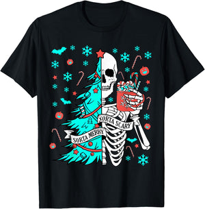 Sorta Merry Sorta Scary Funny Christmas Skeleton Tree Santa T-Shirt - T-Shirt | Black