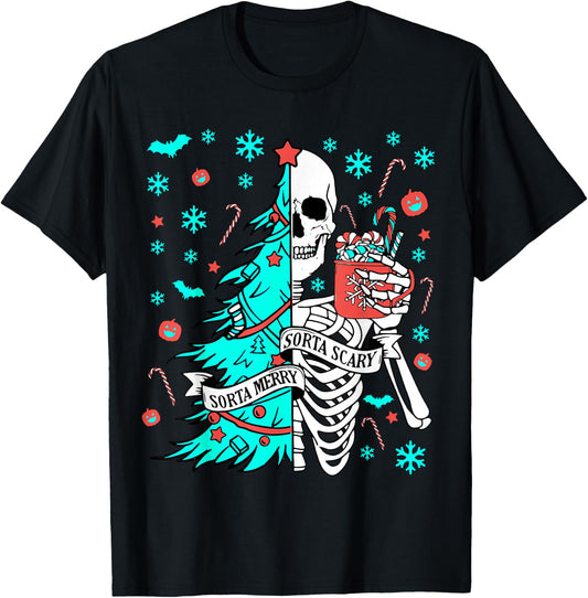 Sorta Merry Sorta Scary Funny Christmas Skeleton Tree Santa T-Shirt - T-Shirt | Black