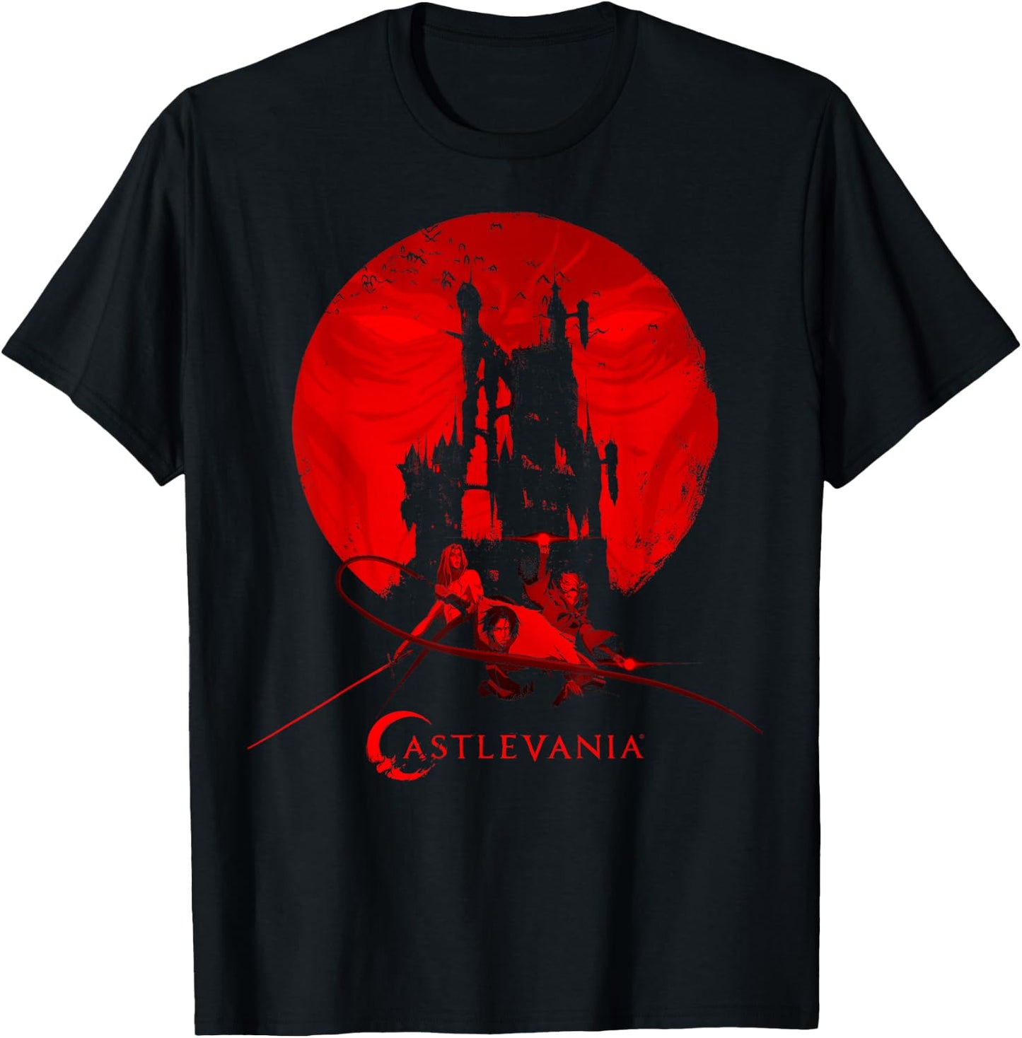 Netflix Castlevania Group Shot Red Moon Castle Silhouette T-Shirt - T-Shirt | Black