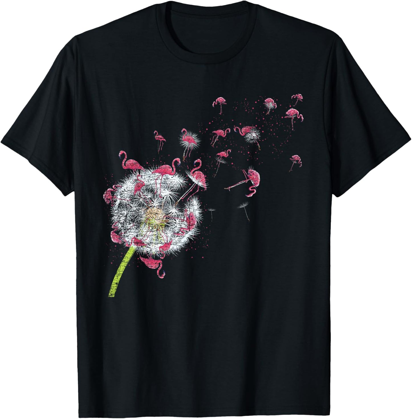 Bird Dandelion Tropical Animal Exotic Floral Pink Flamingo T-Shirt - T-Shirt | Black