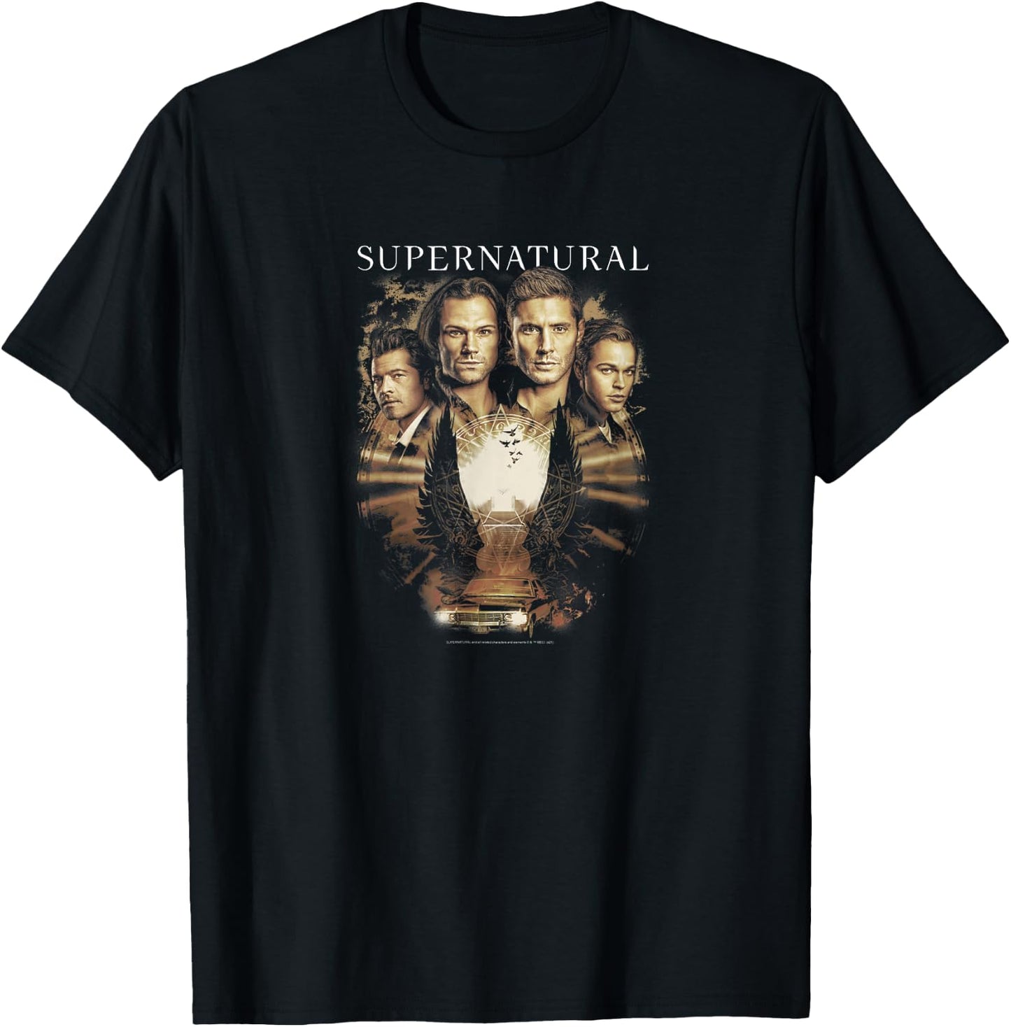 Supernatural Group Shot Sepia Tone Wings T-Shirt - T-Shirt | Black