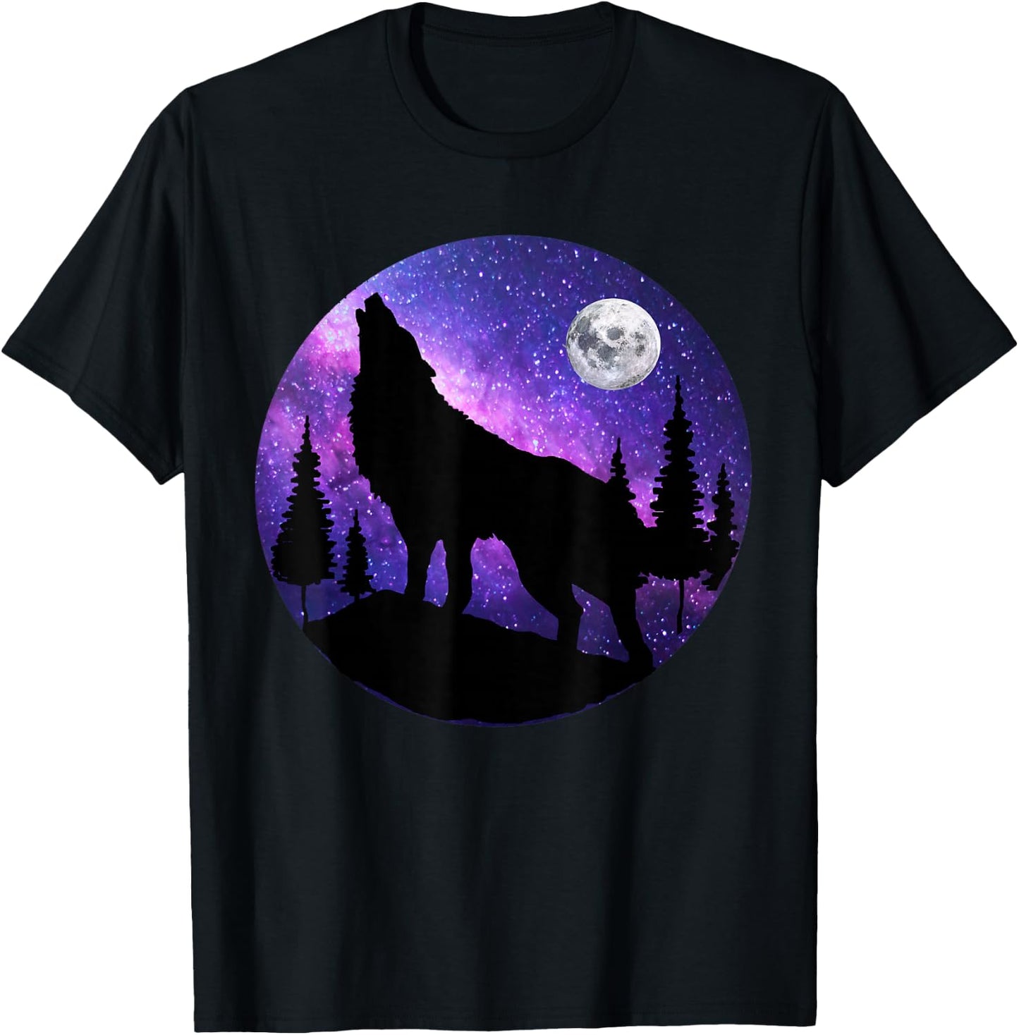 Howling Wolf Under The Full Moon With Purple Galaxy Sky T-Shirt - T-Shirt | Black