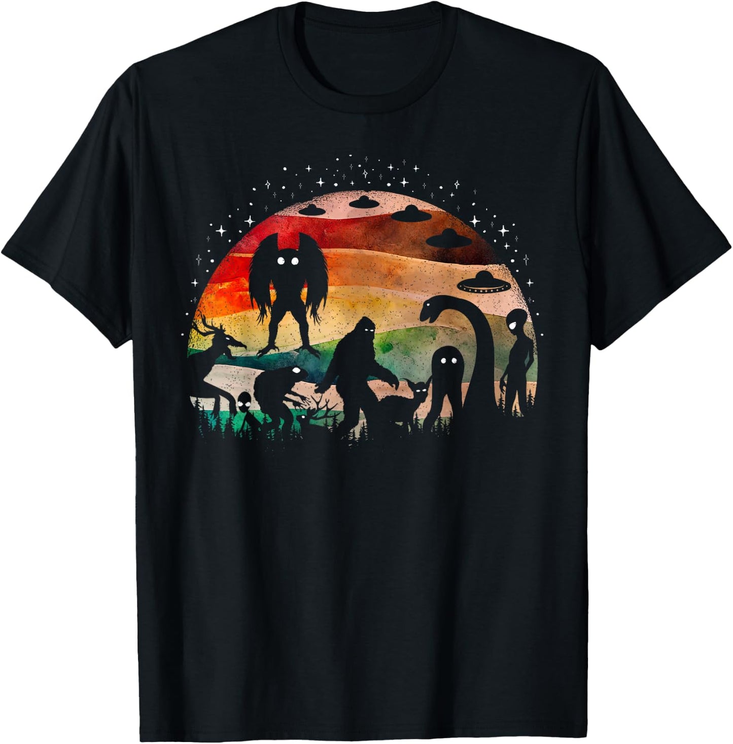 Retro Cryptid Funny Bigfoot Mothman And Aliens Cryptozoology T-Shirt - T-Shirt | Black