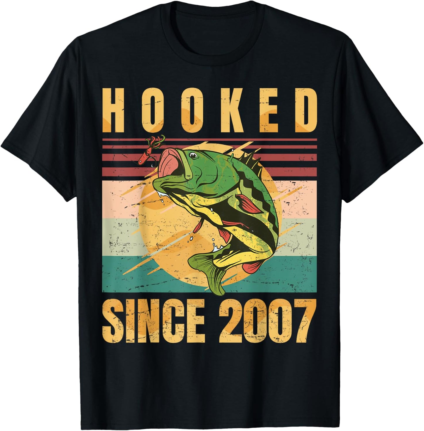 Fishing Fisherman - Hooked Since 2007 - Vintage Retro Gift T-Shirt - T-Shirt | Black