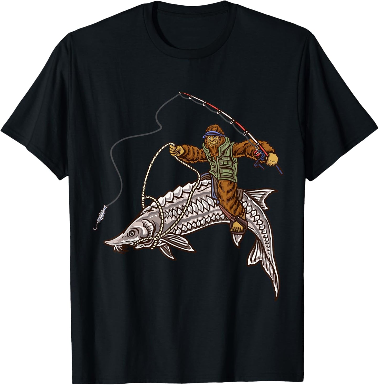Sturgeon Fishing Bigfoot Fisherman T-Shirt - T-Shirt | Black