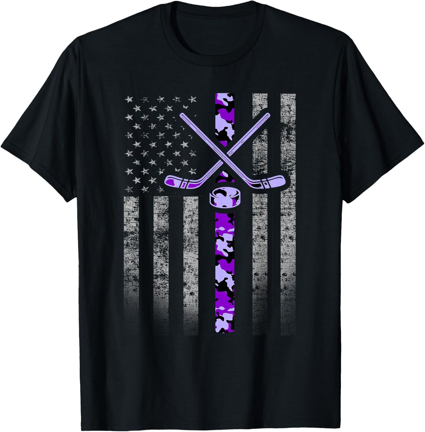 Camouflage Hockey Flag - Military Hockey Purple Camo T-Shirt - T-Shirt | Black
