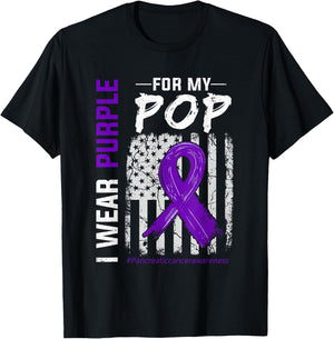 I Wear Purple For My Pop Pancreatic Cancer Flag T-Shirt - T-Shirt | Black
