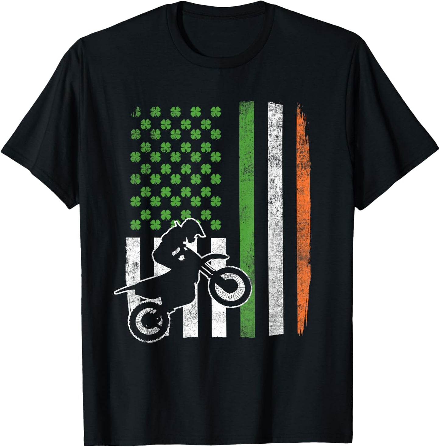 Vintage Motocross St Patricks Day Irish American Flag Gift Women Kids Men T-Shirt - T-Shirt | Black