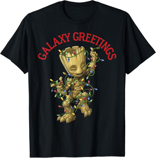 Marvel Christmas Groot Galaxy Greetings Short Sleeve T-Shirt - T-Shirt | Black