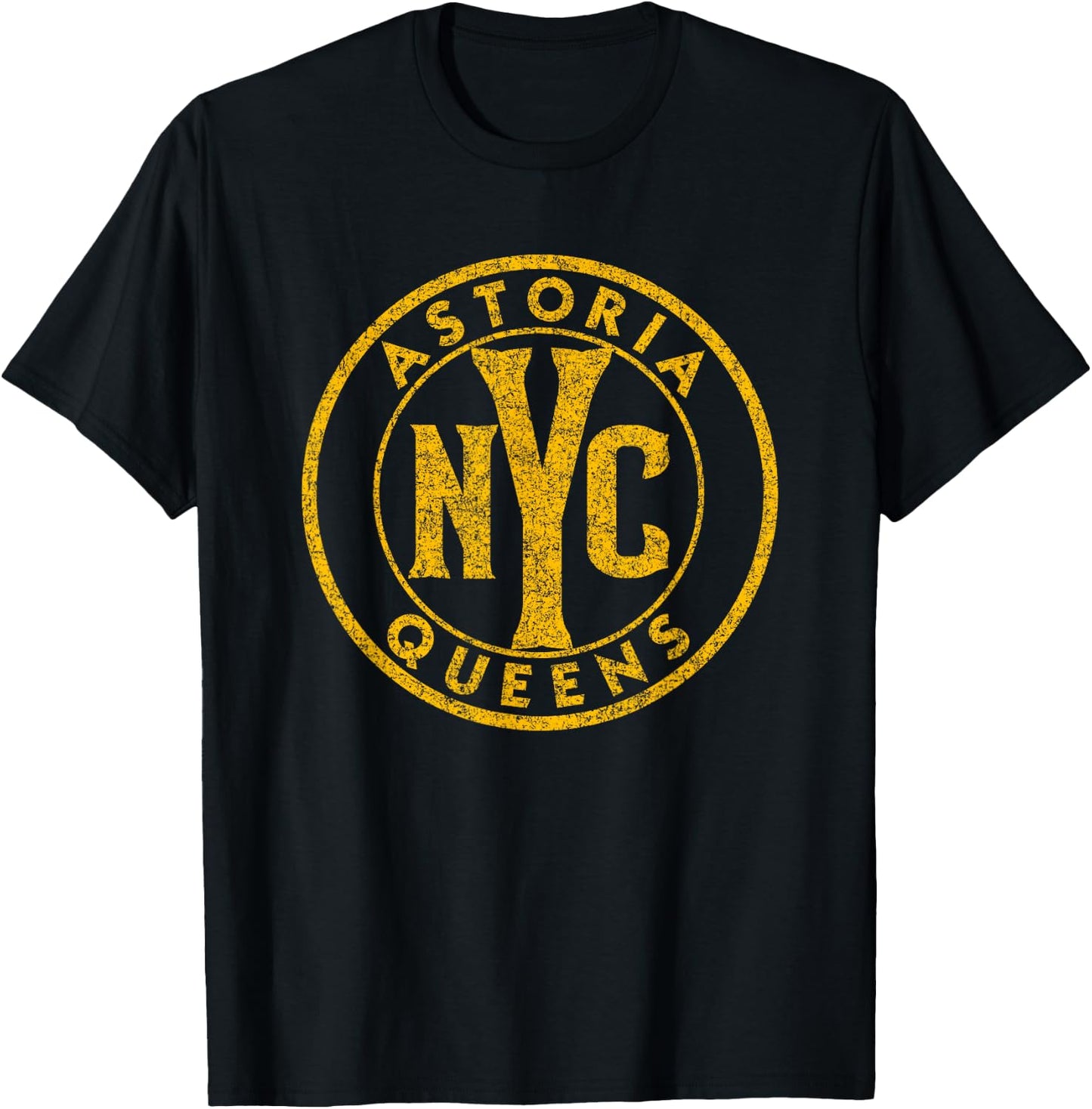 Astoria Queens NYC Circle Sign Distressed Amber Print T-Shirt - T-Shirt | Black