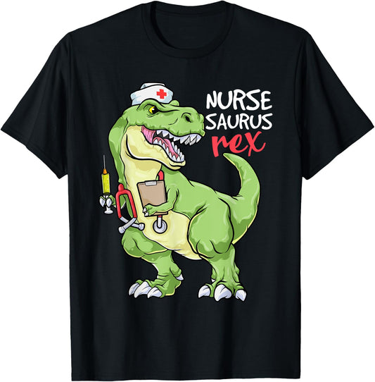 Nurse Dinosaur Shirt Nursesaurus T Rex Nursing Gift RN Nurse T-Shirt - T-Shirt | Black