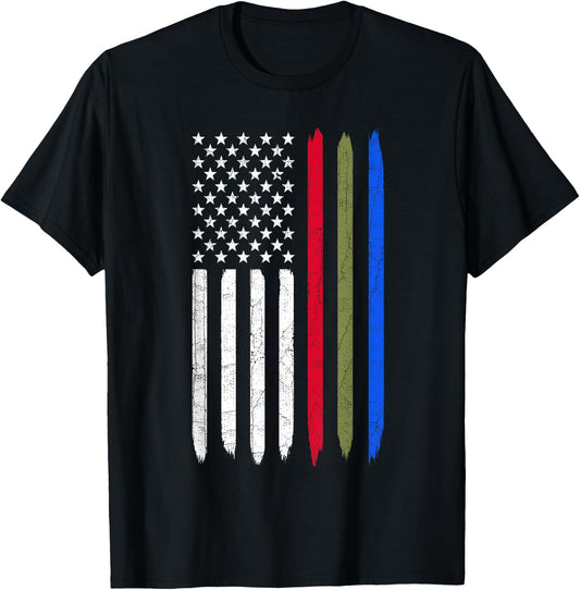 Thin Blue Red Green Line American Flag Police Military Fire T-Shirt - T-Shirt | Black